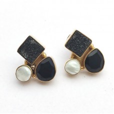 Black Druzy Onyx Pearl Gold Plated Fashion Stud Earrings 6.35 Gms